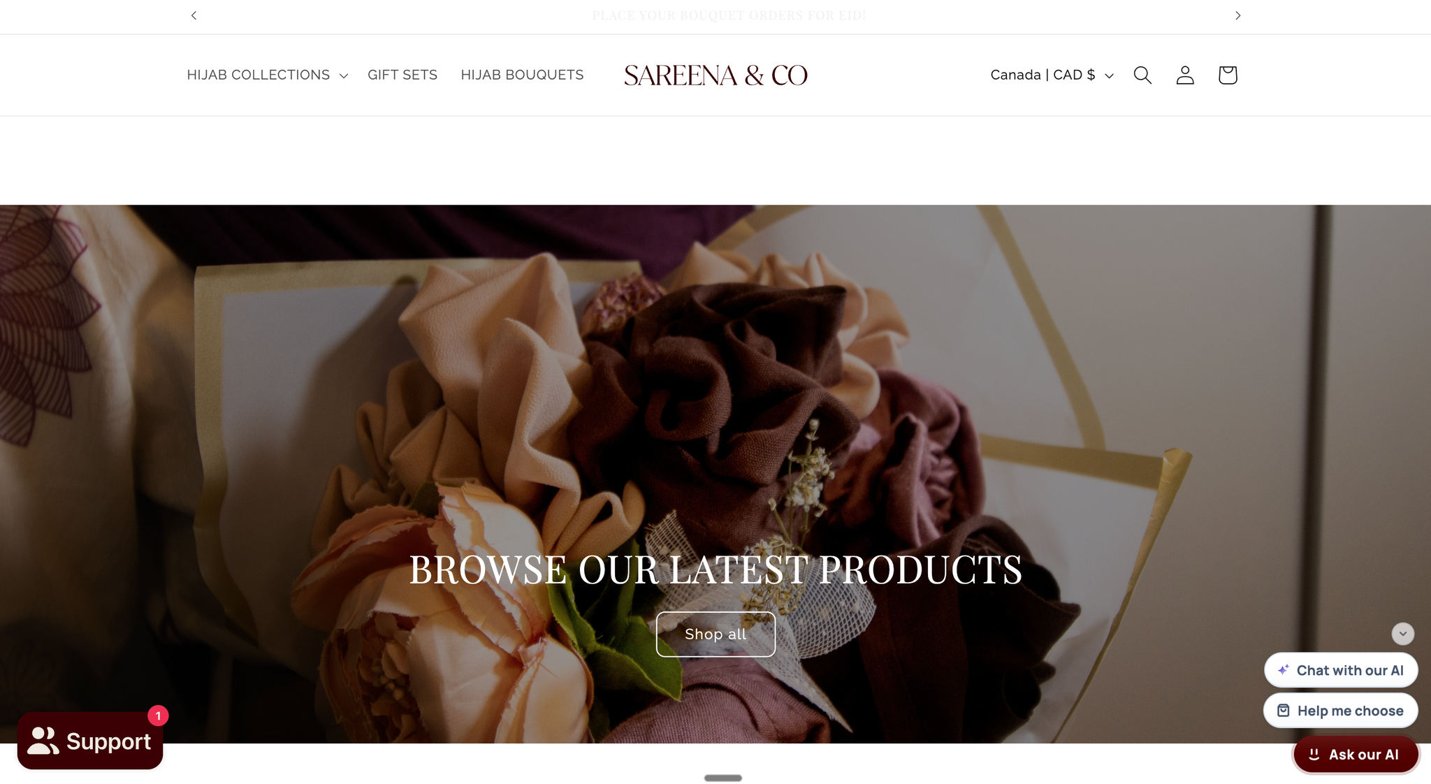 Angle chat widget on the Sareena & Co. storefront